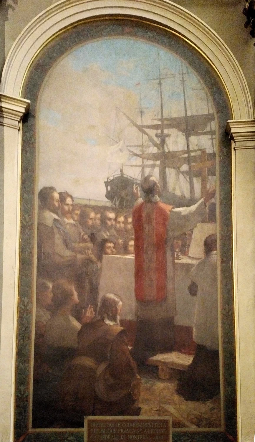 Il gesuita Barthélemy Vimont celebra la prima messa a Montréal alla presenza di Paul de Chomedy, Sieur de Maisonneuve e Jeanne Mance
